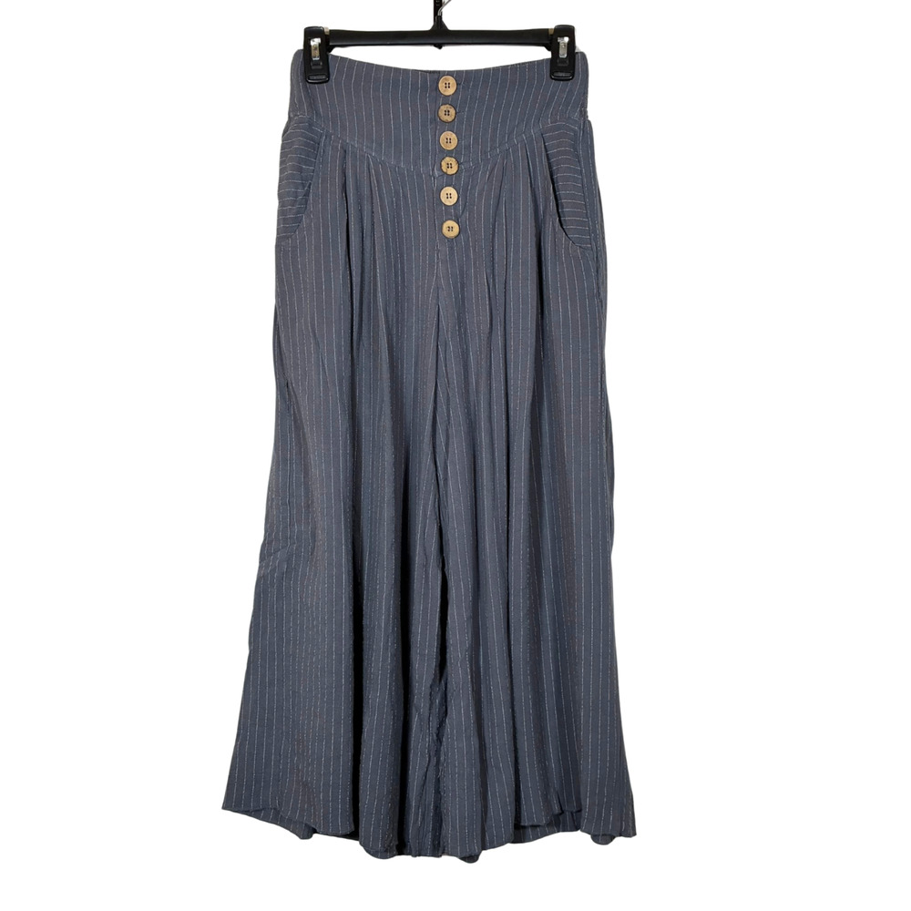EASEL Super Wide Legged Cropped Pants Gray Pinstripe Linen Blend Small